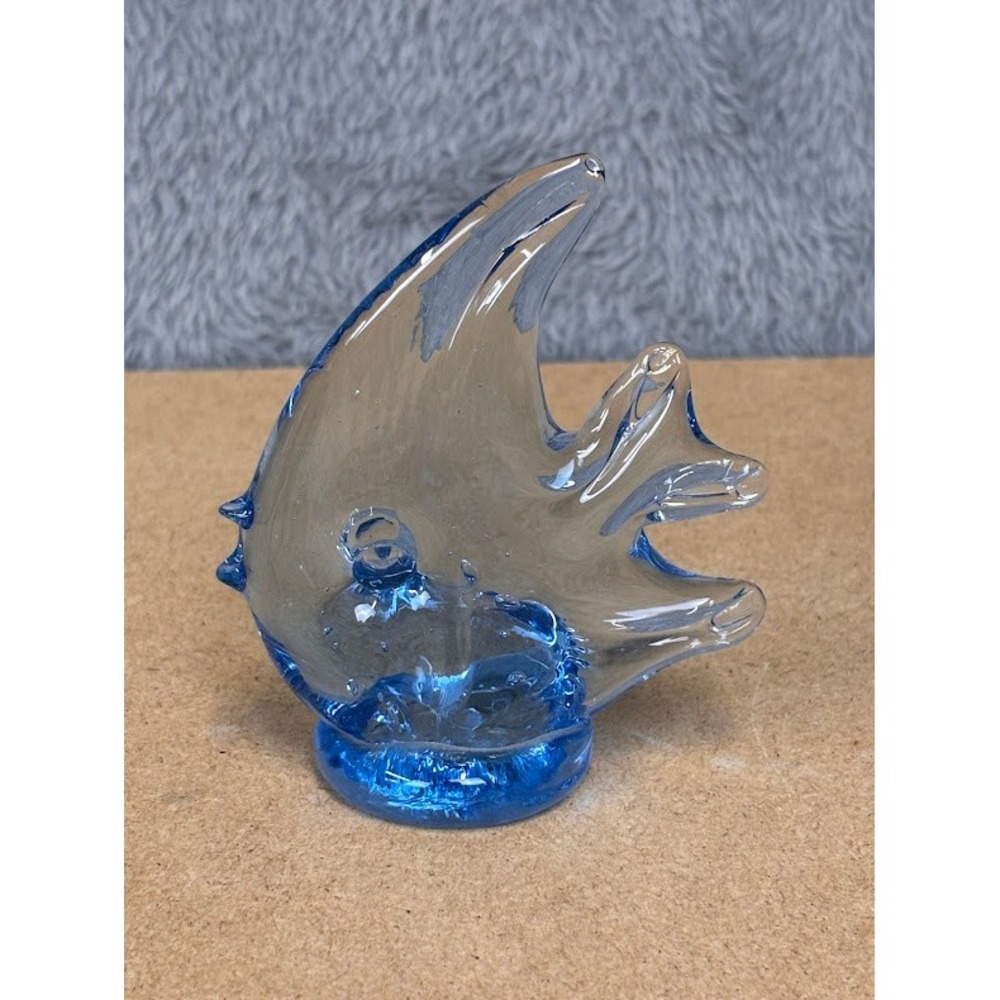Hand Blown Blue and Clear Art Glass Tropical Fish‎ Figurine Marine Decor 3.25in